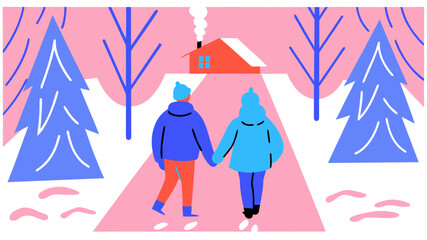 Couple walking hand in hand along snowy forest path