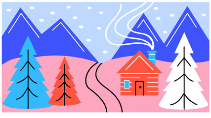 Winter mountain landscape with pine forest and lonely cabin