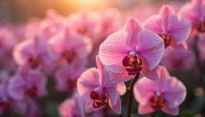 Pink phalaenopsis orchids bloom in beautiful garden at sunrise. Warm morning sunlight shines on delicate flower petals. Closeup shot with soft focus background creates tranquil, peaceful floral