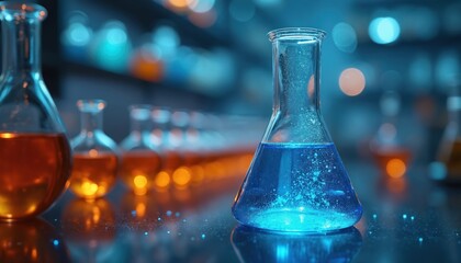 Glass flasks with blue and amber liquids sit on a lab bench. Bubbles rise in bright blue fluid, suggesting active chemical research and scientific discovery.