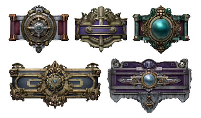 Ornate Metallic Kinetic Emblems and Concepts in Artistic Design Illustration