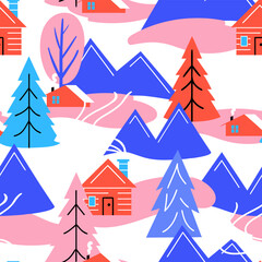 Winter mountain landscape seamless pattern with pine forest and lonely cabin