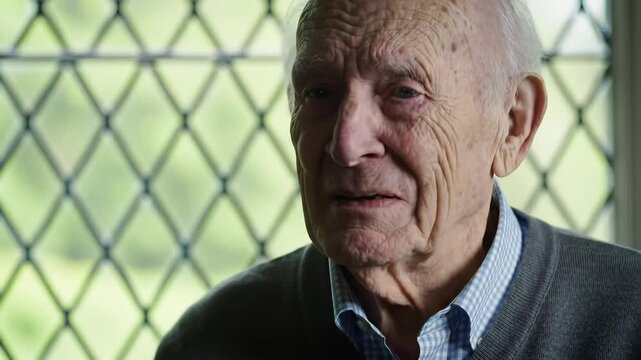 Close-up of an elderly man in a gray cardigan, set against a lattice window backdrop. His face is detailed with wrinkles and a thoughtful expression.