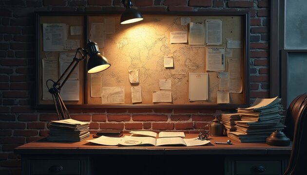 Detective desk with cork board showing map and documents. Papers stacked on table with desk lamp illuminating clue board. Researching mystery case files.