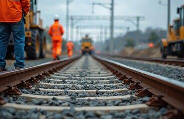 Railway construction site with workers and heavy machinery. People in orange vests walk on tracks. Building rail road. Transportation infrastructure under development. Track detail with stones