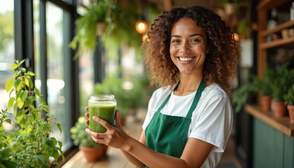 Smiling waitress holds green smoothie. Woman in apron offers healthy beverage at cafe. Drink in glass, surrounded by plants. Sunny day, fresh smoothie concept.
