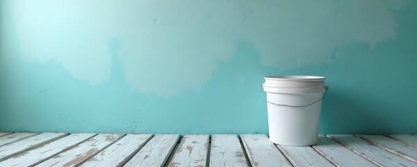 White bucket sits on distressed floor before unfinished blue painted wall. Home improvement and interior decoration concept with copy space. Renovation and renewal project.