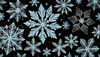 A sketch of ice blue snowflakes on a black background. 