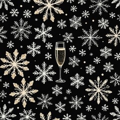 A sketch of snowflakes with champagne on a black background. 