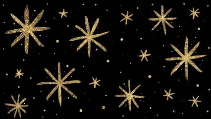 A sketch of gold snowflakes on a black background. 