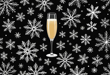 A sketch of snowflakes with champagne on a black background. 