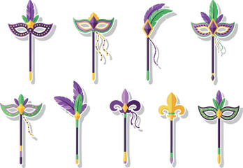 Mardi Gras Masks on Sticks Colorful Vector Set for Celebrations
