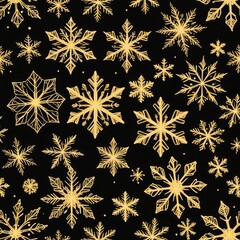 A sketch of gold snowflakes on a black background. 