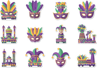 Festive Mardi Gras Sticker Set Masks, Floats, and Celebrations © Chico Store