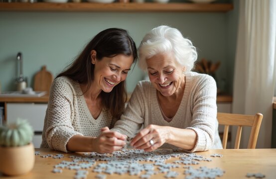 Woman plays jigsaw puzzle with senior mother in bright kitchen. They smile, enjoy time together. Family connects with game, having fun in retirement at home with cognitive activity.