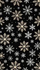 A sketch of pink snowflakes on a black background. 