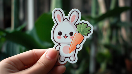 Ai cute cartoon bunny holds a carrot while someone shows sticker in a green setting during daytime