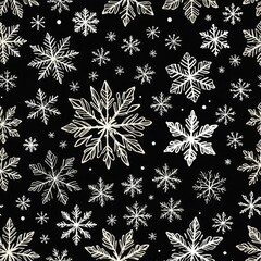 A sketch of white snowflakes on a black background. 
