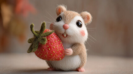 Ai cute small hamster holds large strawberry in its little paws while looking at the camera