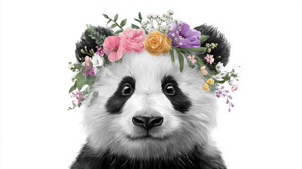 Ai panda with a flower crown posing against a white background
