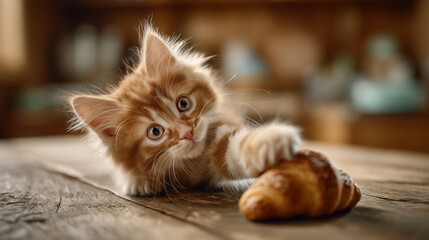 Ai cute kitten plays with a croissant in a cozy kitchen setting during the day