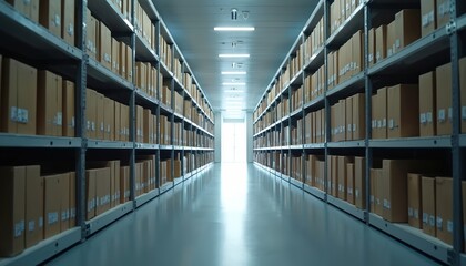 Long corridor lined with shelves full of organized boxes, files. Modern office archive interior with bright lighting. Storage units create symmetry, order, suggesting efficient data management