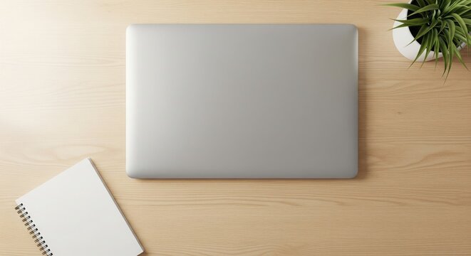 Minimal top view desk with closed unbranded laptop notebook and plant
