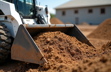 Skid steer loader bucket filled with ground. Heavy machinery prepares construction site. Industrial machine works. Dirt, earth and soil heap. Close up view of gravel at building area.