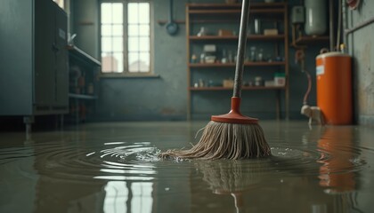 Mop stands in flooded basement with water covering the floor. Utility room has shelves with household supplies and equipment. Cleaning tools are ready for use in water damage cleanup.
