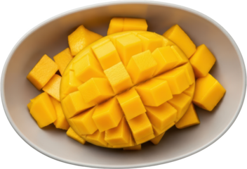 Freshly cut mangoes bright yellow cubes arranged in a light gray bowl offering a vibrant and juicy tropical fruit presentation food healthy ripe sweet