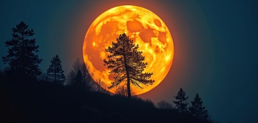 Large orange full moon ascends over dark forest hill. Silhouetted pine trees stand against bright celestial orb. Night sky glows with soft lunar light.