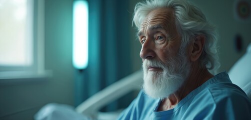Senior man with white beard looks out from hospital bed. Patient in blue robe rests in clinic ward. Elder person recovers at medicare during chronic disease treatment.