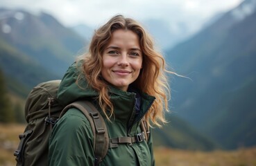 Beautiful young woman hiker smiles at camera. Wears large backpack, green outdoor jacket. Female traveler stands on mountain trail, enjoying fresh nature. Hair blows in wind. Happy person explores