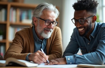 Elderly man mentors young Black man in a cozy room with bookshelves. They study papers together, sharing knowledge and a positive connection. Focus is on learning and guidance.