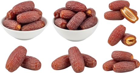 A collection of dried dates some whole and some halved presented in white bowls and as loose fruit dried fruit food sweet natural healthy snack dessert