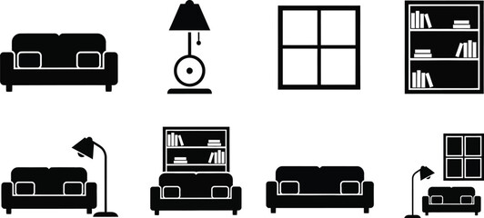 Simple black silhouette icons representing living room furniture and home decor
