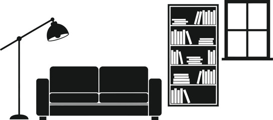 Minimalist living room interior with sofa lamp and bookshelf design