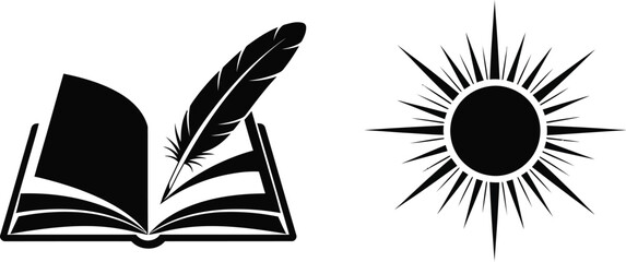 An open book a feather quill and a sunburst symbol in black and white © mst