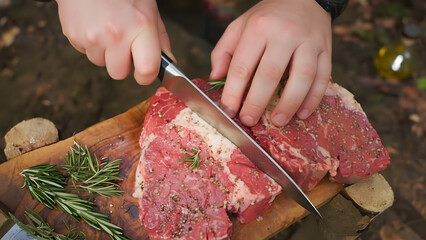 Closeup of hands slicing raw seasoned beef steak with a sharp knife on a wooden cutting board outdoors with rosemary sprigs.