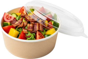 A fresh salad with lettuce tomato cucumber yellow pepper and crispy bacon bits in a compostable takeaway bowl with a clear plastic lid food healthy vegetarian