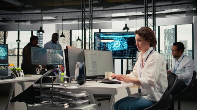 Developer listening music while working in AI startup training predictive models for language processing tasks. Tech expert wearing audio headphones uses technical expertise for IT tasks, camera A