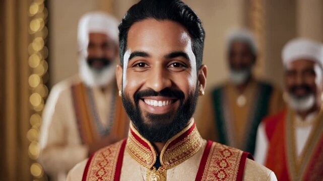 Portrait of a handsome Indian groom smiling on his wedding day.