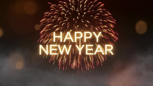 Happy New Year celebration with vibrant fireworks exploding in the night sky. Festive holiday greeting perfect for new year countdown events and wishes.