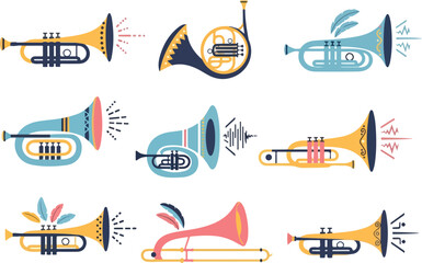 Diverse Collection of Decorative Horn and Trumpet Illustrations