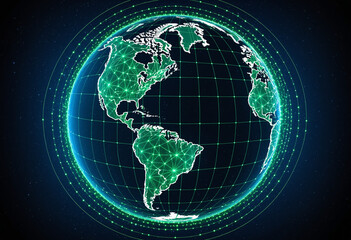 A digital illustration of a glowing polygonal sphere representing the Earth