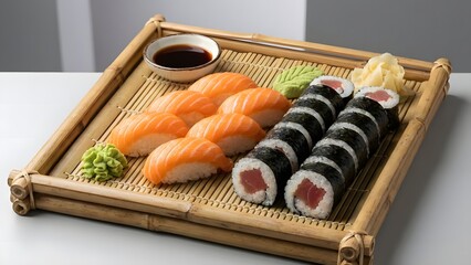 Salmon Nigiri and Tuna Maki Sushi Rolls on Bamboo Tray - Japanese Cuisine Food Platter
