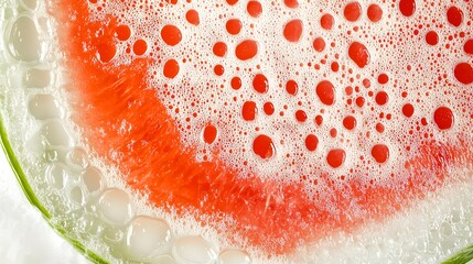 Macro image of juicy watermelon slice surrounded by sparkling bubbles and liquid, ideal for beverage marketing, healthy lifestyle visuals, summer campaigns, and creative digital content.