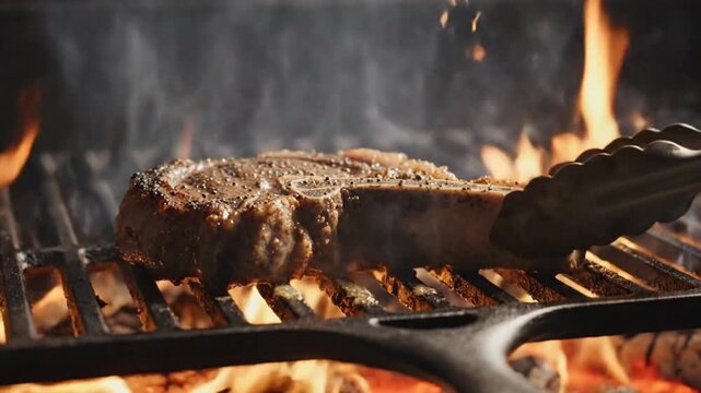 A tantalizing, thick cut of seasoned meat sizzles on a robust cast-iron grill grate, cooked over intense open flames and glowing embers. Rich smoke billows upwards, creating an inviting aroma and enha