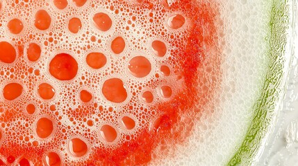 Macro image of juicy watermelon slice surrounded by sparkling bubbles and liquid, ideal for beverage marketing, healthy lifestyle visuals, summer campaigns, and creative digital content.