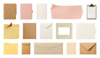 PNG Assorted stationery items neatly arranged, element set on transparent background